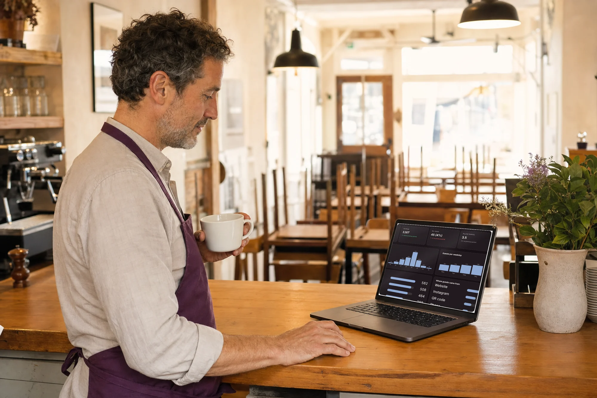 Restaurant owner at the counter in calm morning light going through the month's numbers in Goboblo on a laptop – booking $29 a month, locked price, 0 commission on your own bookings