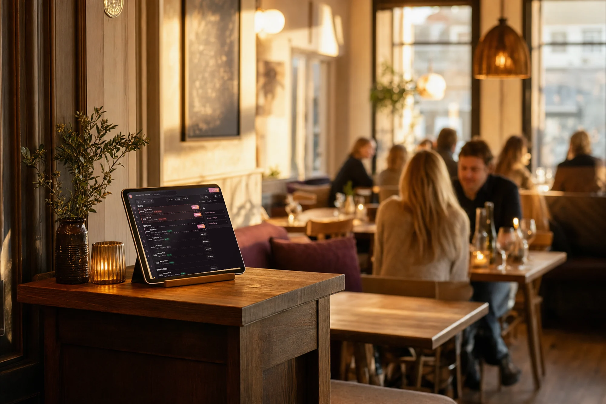 Vert ved vertsstasjonen i en bistro under kveldsservice — kveldens bookingliste i Goboblo på nettbrettet mens gjester ønskes velkommen inn