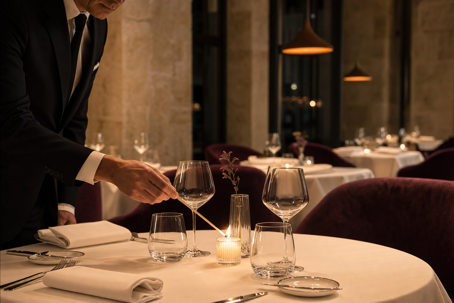 A maître d' lights the last candle on a set table in a fine dining room — white linen, polished glassware and plum velvet chairs before the first seating