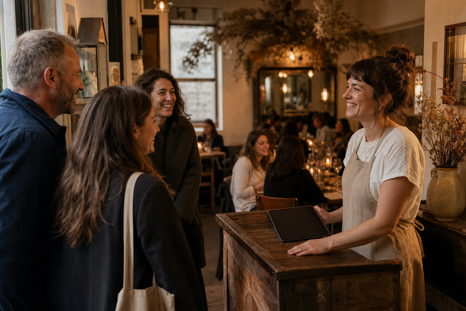 Värd i en varm bistro hälsar på ett återkommande sällskap vid dörren och känner igen gästen