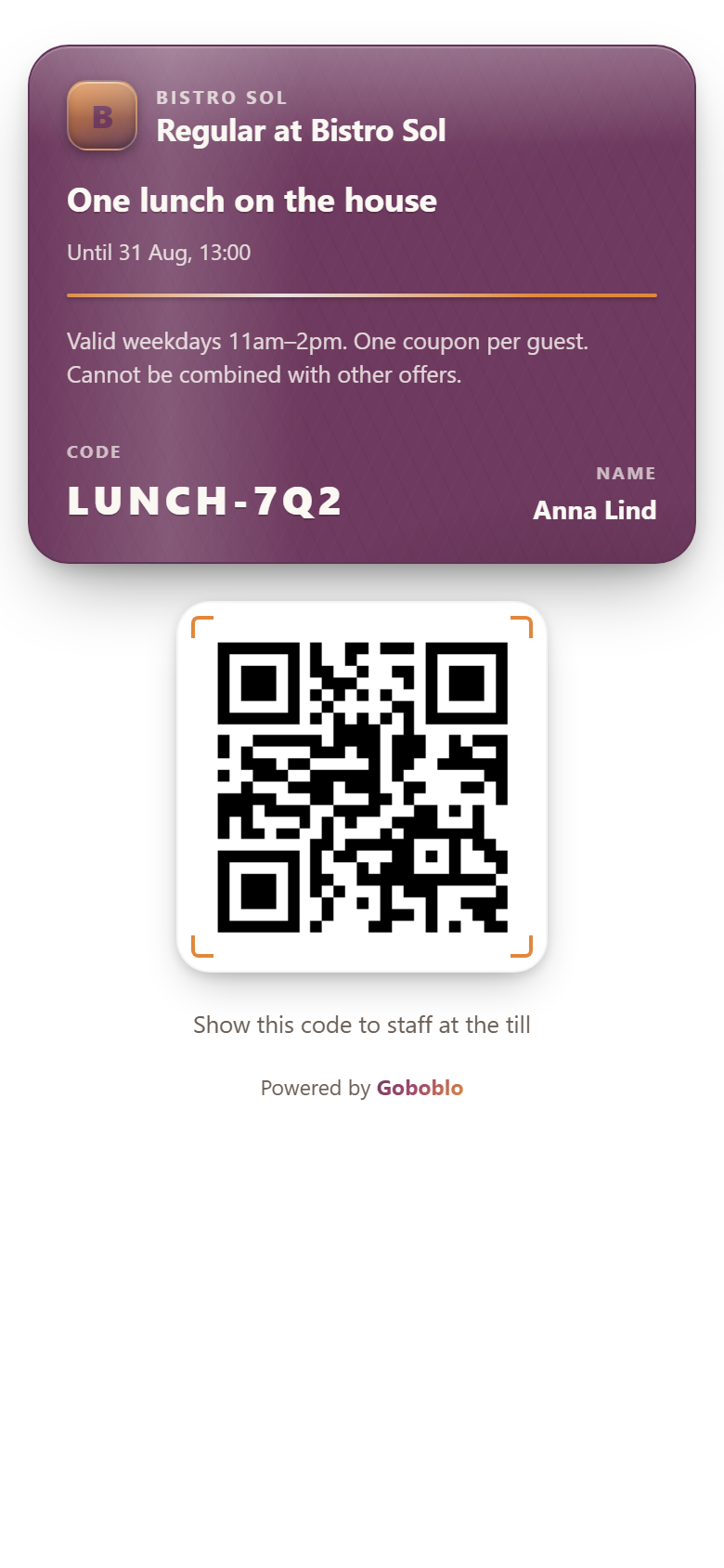 Wallet coupon on the guest's phone with a code and QR to redeem at the check