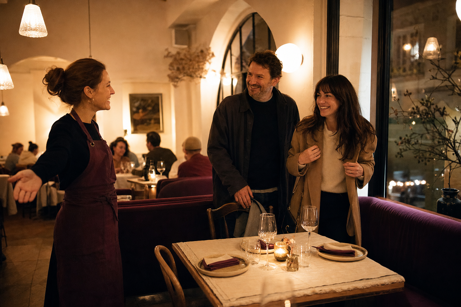 A couple of regulars are welcomed back to their table by the staff in a warm bistro — lit candle, a set table and smiles of recognition