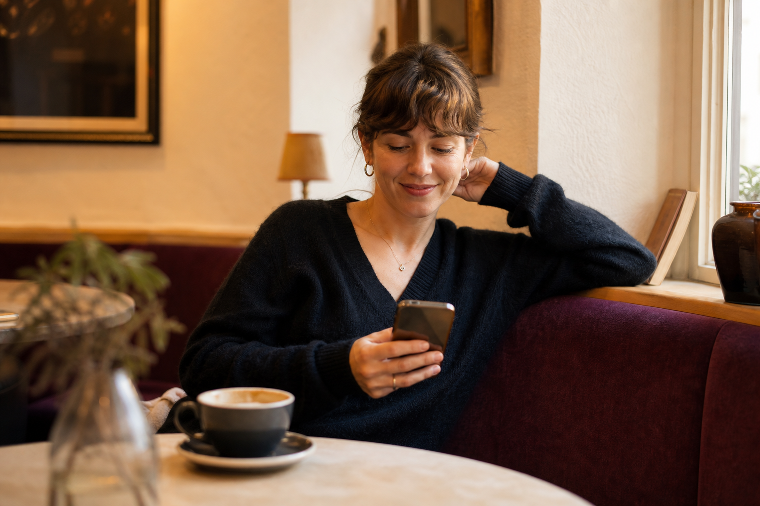 A relaxed guest on a warm bistro banquette handling her booking on her phone with a coffee beside her — rebooking, cancelling or joining the queue herself without a call
