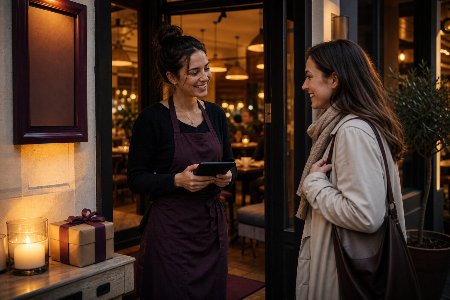 A server in a plum apron welcomes and checks in a guest at the bistro door in evening light — a wrapped gift box sits by the entrance