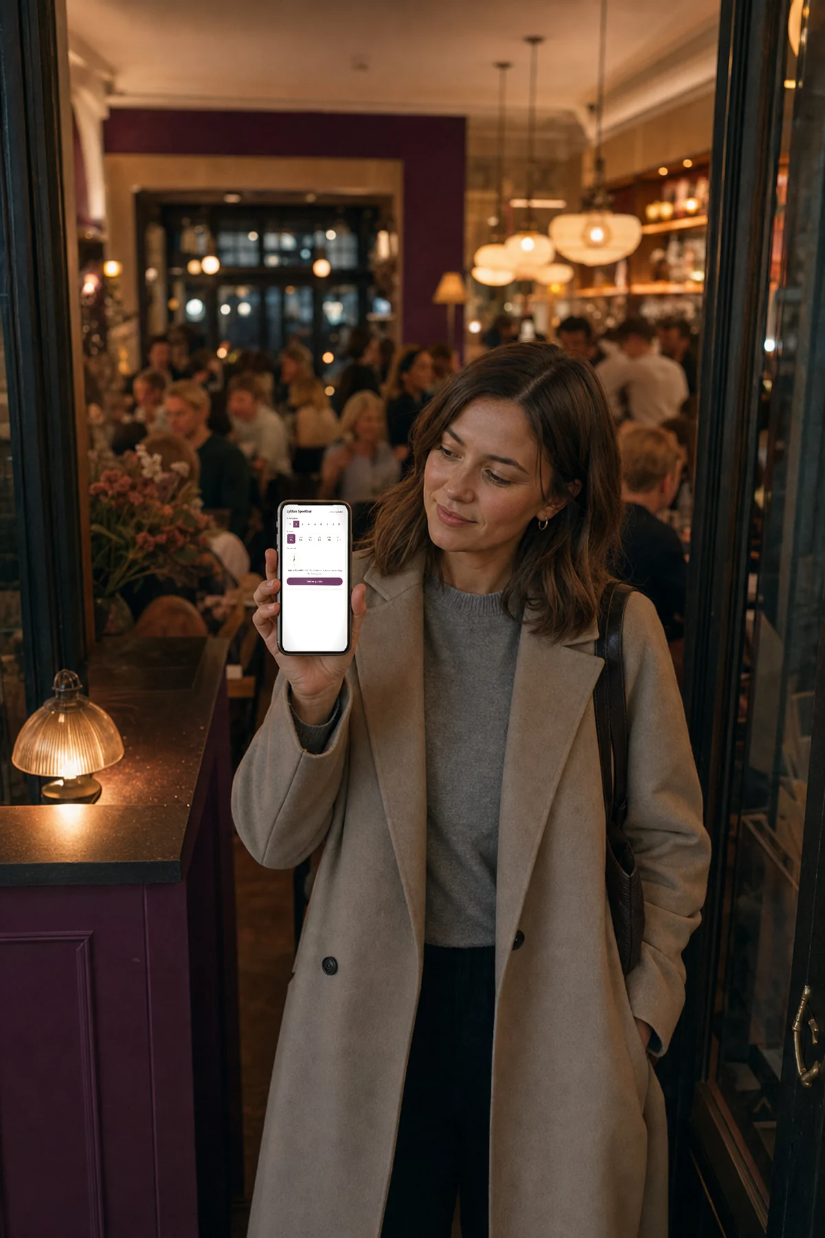 Gäst vid entrén till en fullbokad restaurang ser widgetens kö-läge i mobilen — inga lediga tider ikväll och knappen Ställ mig i kön