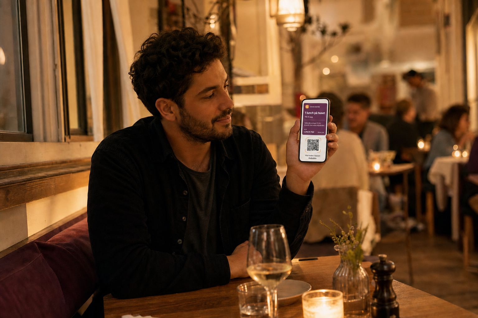 A guest in a warm bistro holding up their phone showing a wallet coupon with a code and QR in evening light