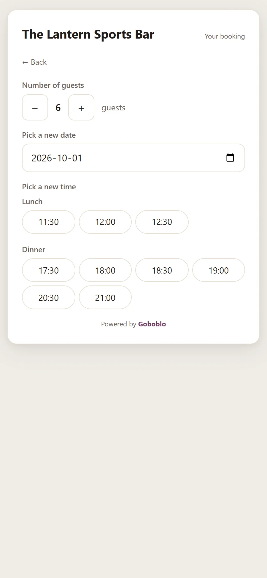 The guest changes their booking on their phone at The Lantern, Manchester: number of guests (6) with minus and plus buttons, a field to pick a new date (1 October) and the open times to pick from — Lunch 11:30 to 12:30, Dinner 17:30 to 21:00