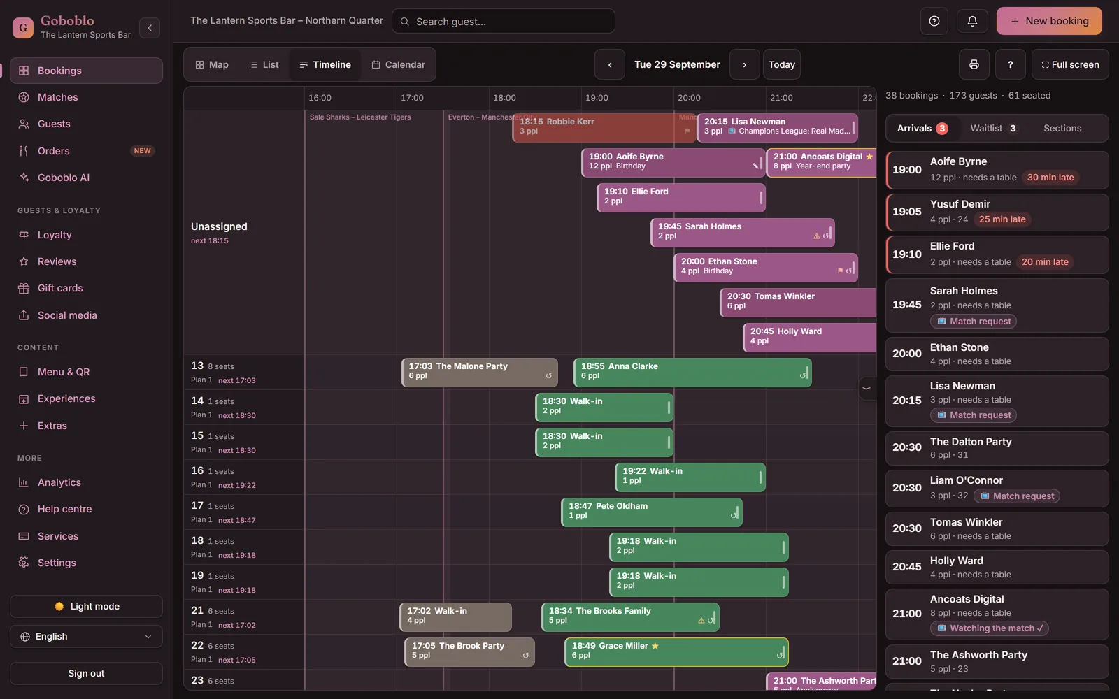 The timeline in Goboblo at The Lantern, Manchester, with tonight's bookings as blocks per table and time — drag a block to move the time or the table