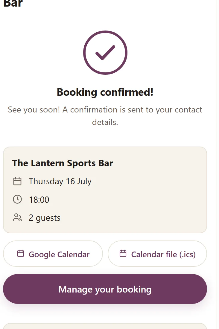 The confirmation screen on the guest's phone: Booking confirmed at The Lantern Sports Bar with calendar buttons and the Manage your booking link — the demo venue's real view