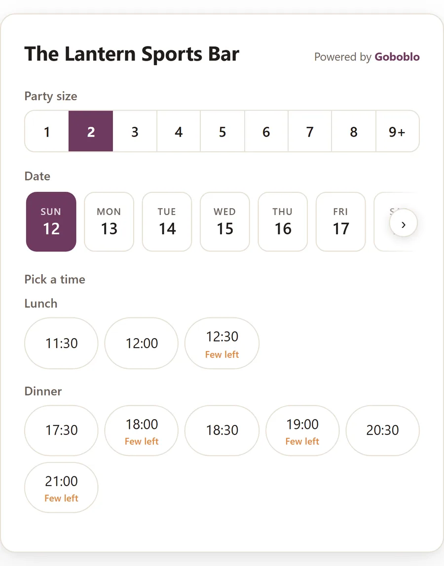 Goboblo's booking widget on the guest's phone: the guest picks party size, date and an open lunch time, with “Few seats” marked on times that are filling up.