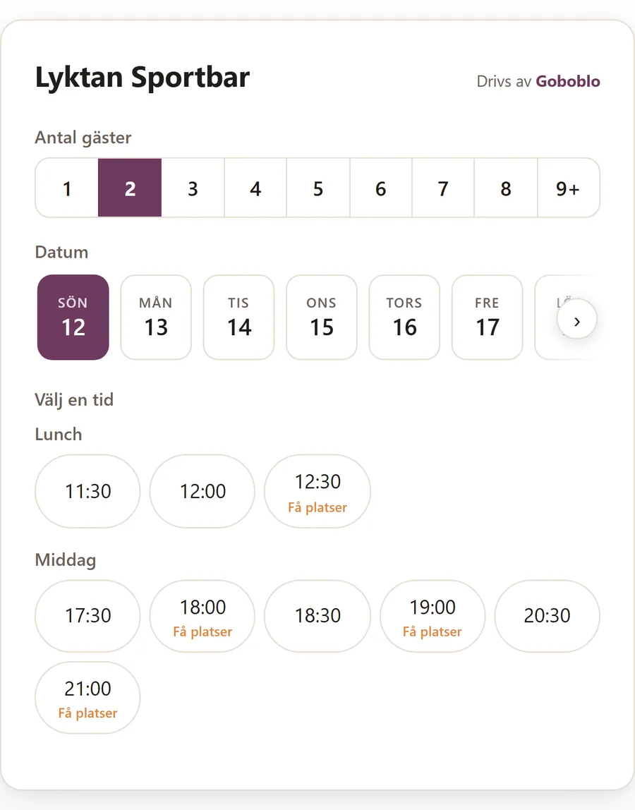 Goboblos bokningswidget i gästens mobil: gästen väljer antal gäster, datum och en ledig lunchtid, med ”Få platser” utmärkt på tider som börjar fyllas.