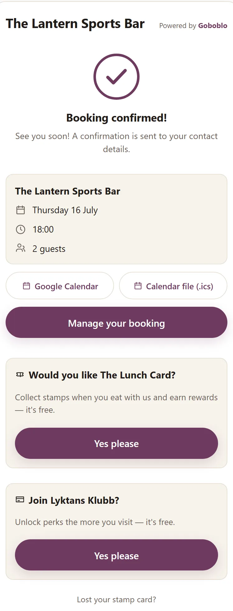 The widget's confirmation screen: Booking confirmed! with date, time and party size, buttons for Google Calendar and a calendar file, Manage your booking, plus offers for The Lunch Card and Lyktan's Club — the demo venue's real view
