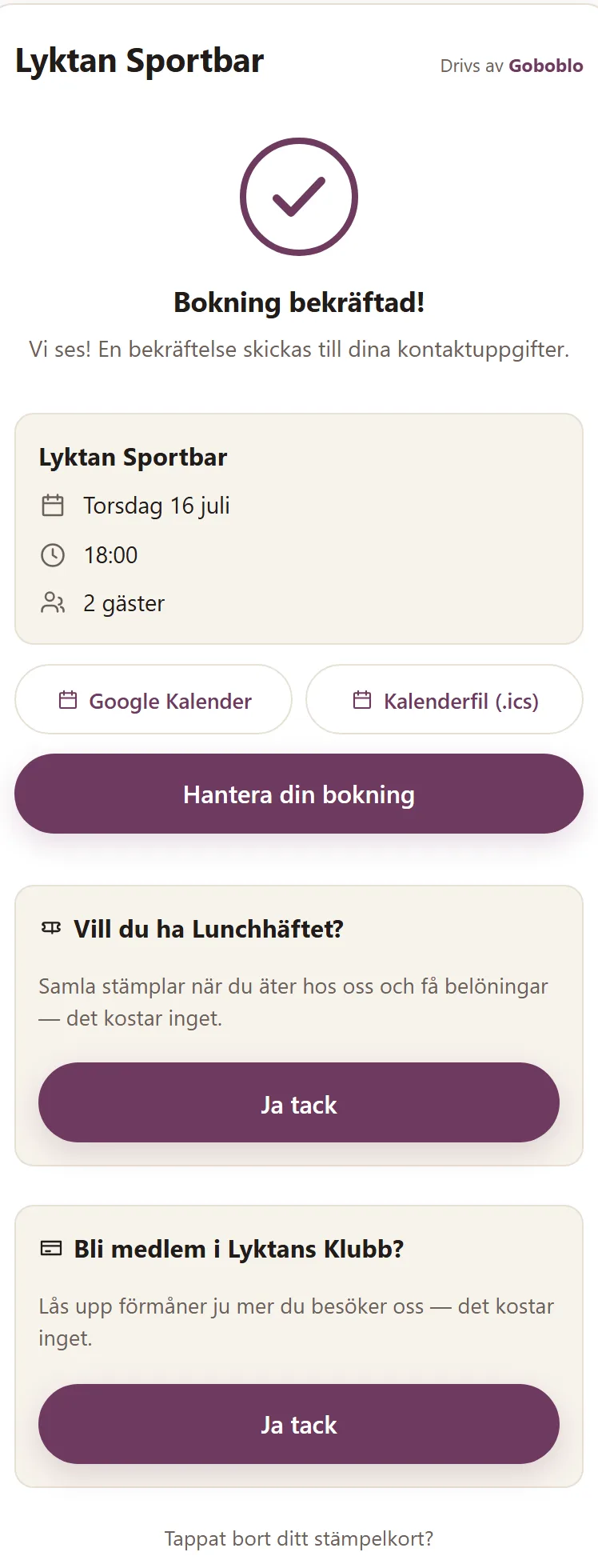 Widgetens bekräftelseskärm: Bokning bekräftad! med datum, tid och antal gäster, knappar för Google Kalender och kalenderfil, Hantera din bokning samt erbjudanden om Lunchhäftet och Lyktans Klubb — demo-lokalens riktiga vy