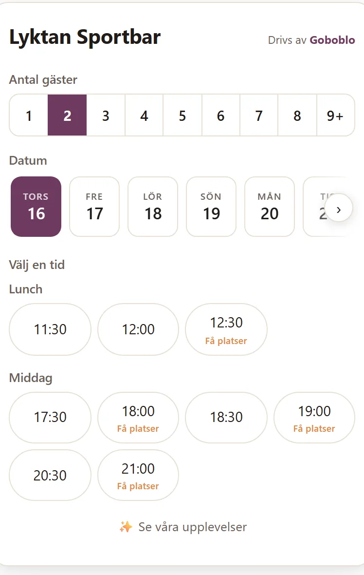 Goboblos bokningswidget i gästens mobil: antal gäster, datumväljare och lediga tider till lunch och middag med Få platser utmärkt på tider som börjar fyllas — demo-lokalens riktiga widget