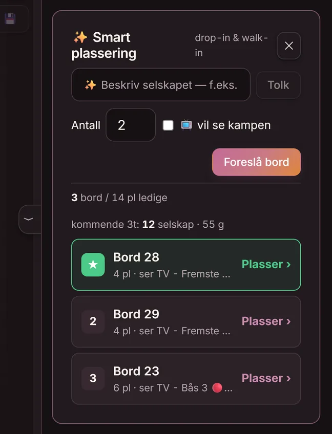 Smart plassering i Goboblo: verten skriver «6 pers i kveld 19:30» og får forslag på kombinerte bord — bord 28 og 29 gir åtte plasser, klare til å plasseres med ett trykk