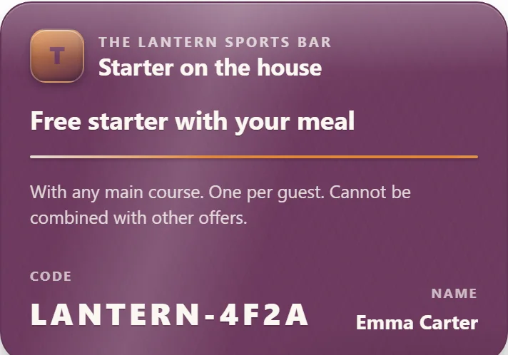 The offer on the guest's phone at The Lantern Sports Bar: Starter on the house with a code to show at checkout — the demo venue's real guest view, opened in the browser with no app