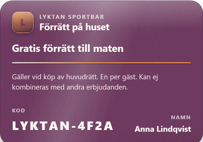 Erbjudandet i gästens mobil hos Lyktan Sportbar: Förrätt på huset med kod att visa i kassan — demo-lokalens riktiga gästvy, öppnad i webbläsaren utan app