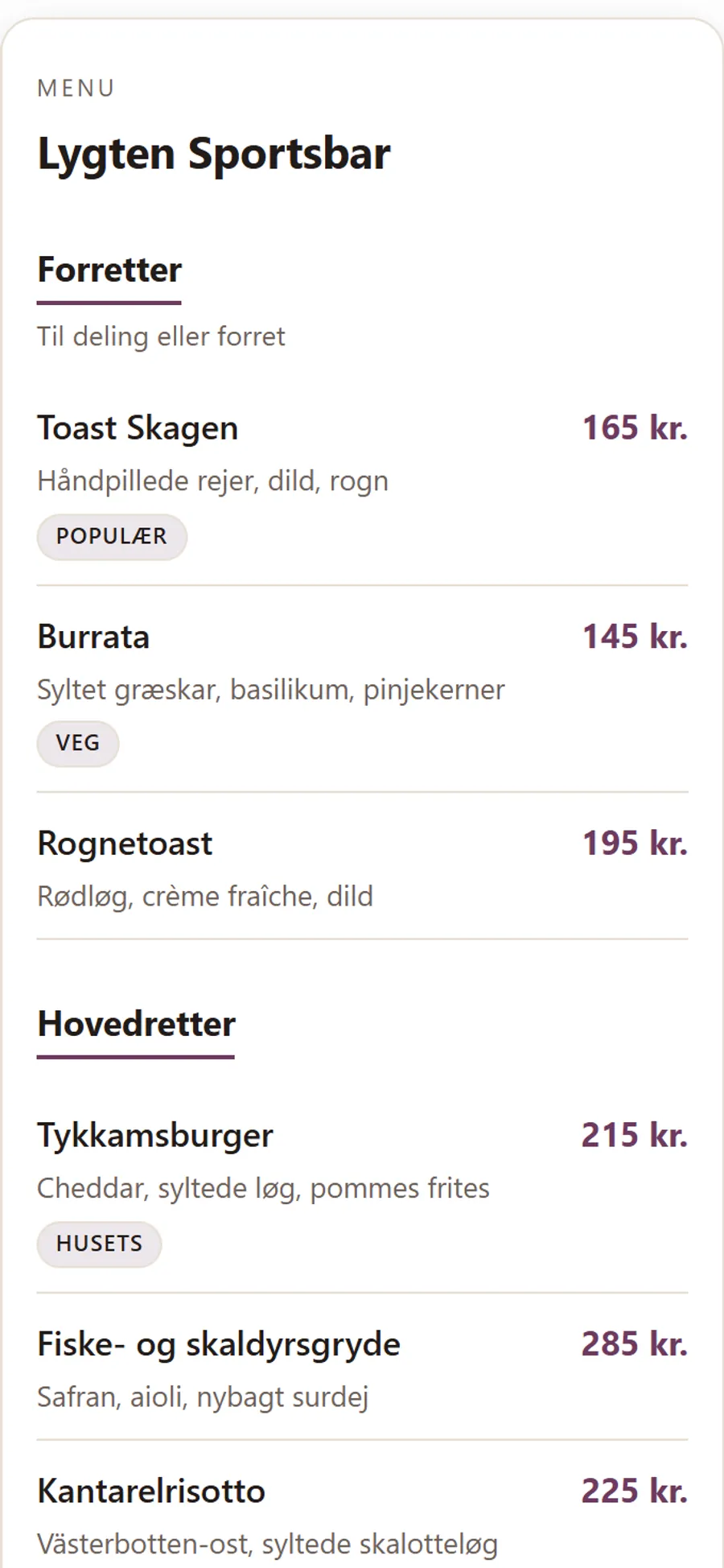 QR-menuen på gæstens mobil hos Lygten Sportsbar med kategorier, retter, priser og allergenmærker.