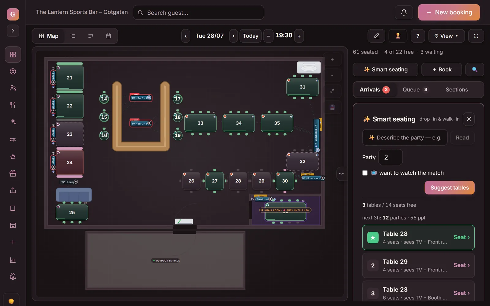 The Map view under Bookings in Goboblo, dark mode: the table map with tonight's bookings and colour-coded status per table — the demo venue's real view