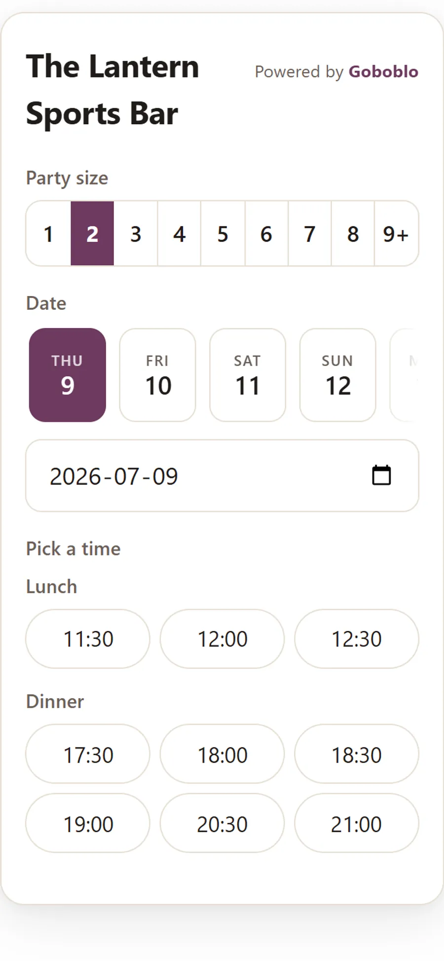 The guest booking on mobile: choose party size, date and an available time at the restaurant.