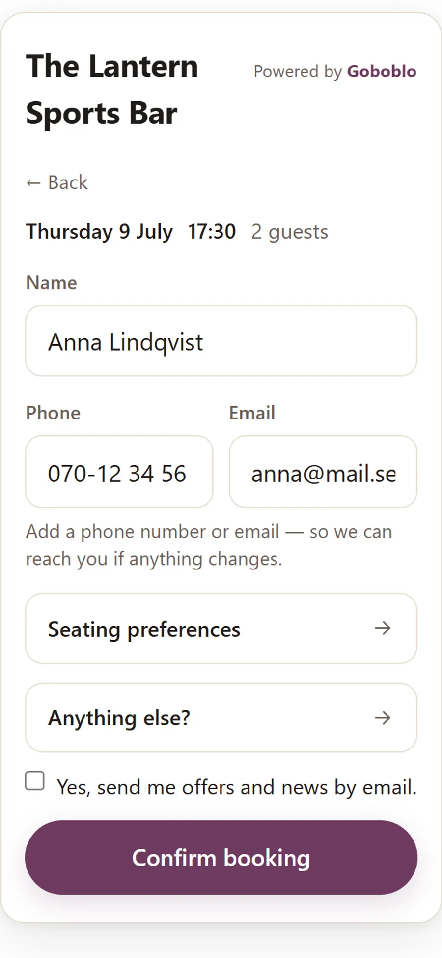 The guest fills in name, phone and requests, then confirms the booking on mobile.
