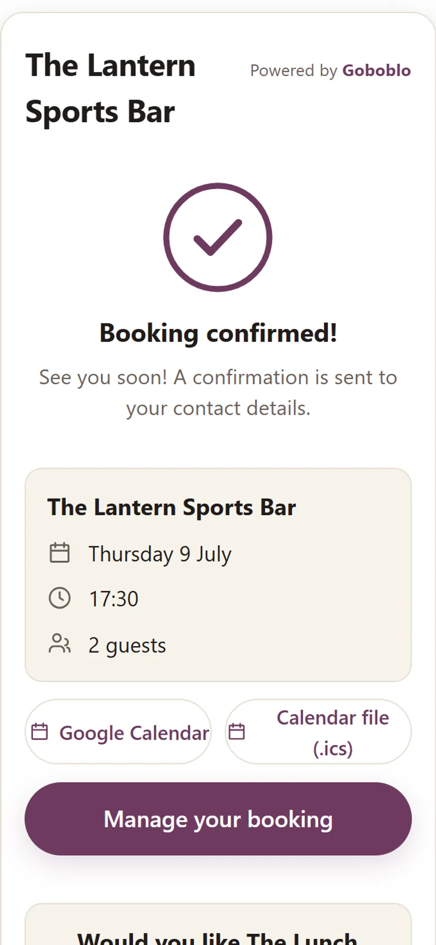 A confirmed booking on the guest's phone with a receipt, a calendar button and an offer to join the club.