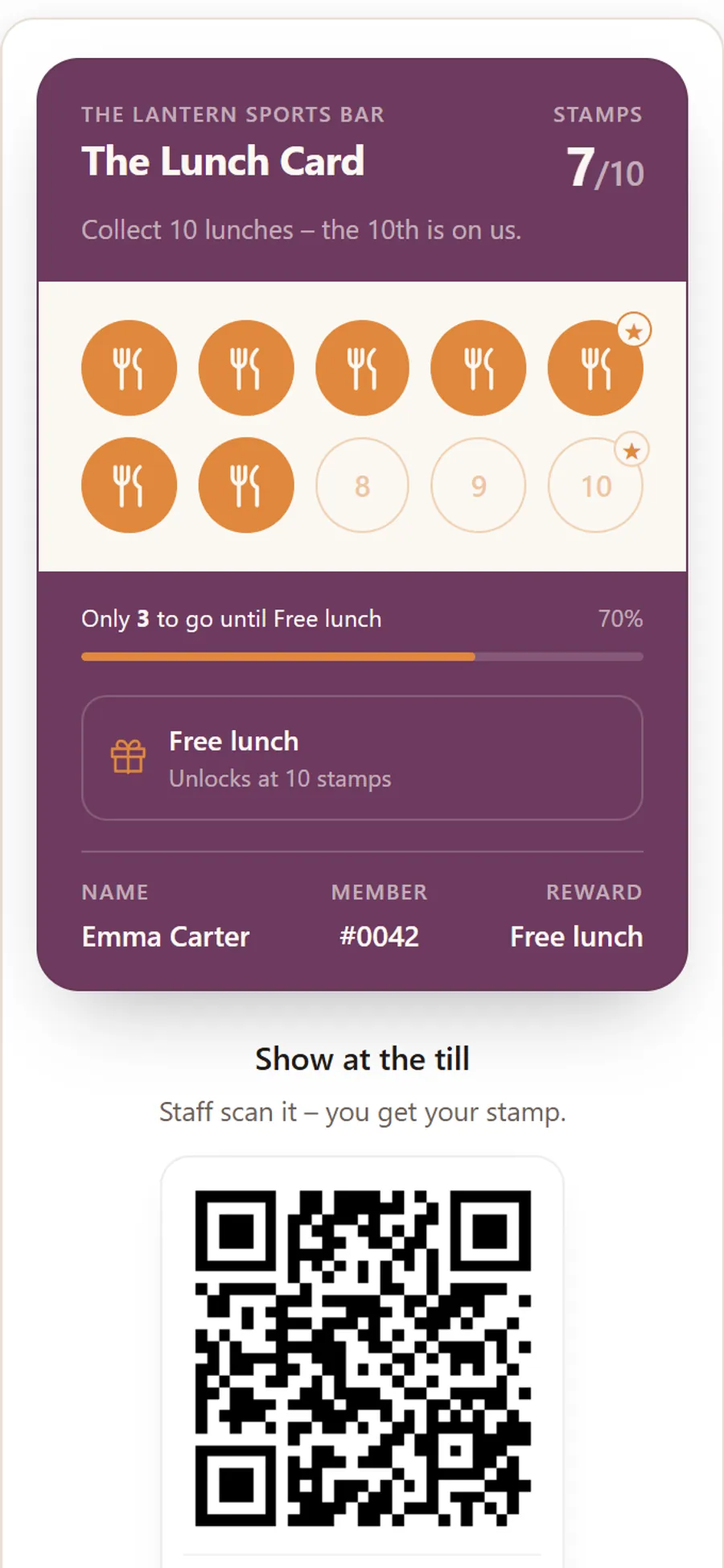 A digital stamp card on the guest's phone with collected stamps and a QR code to show at the till.