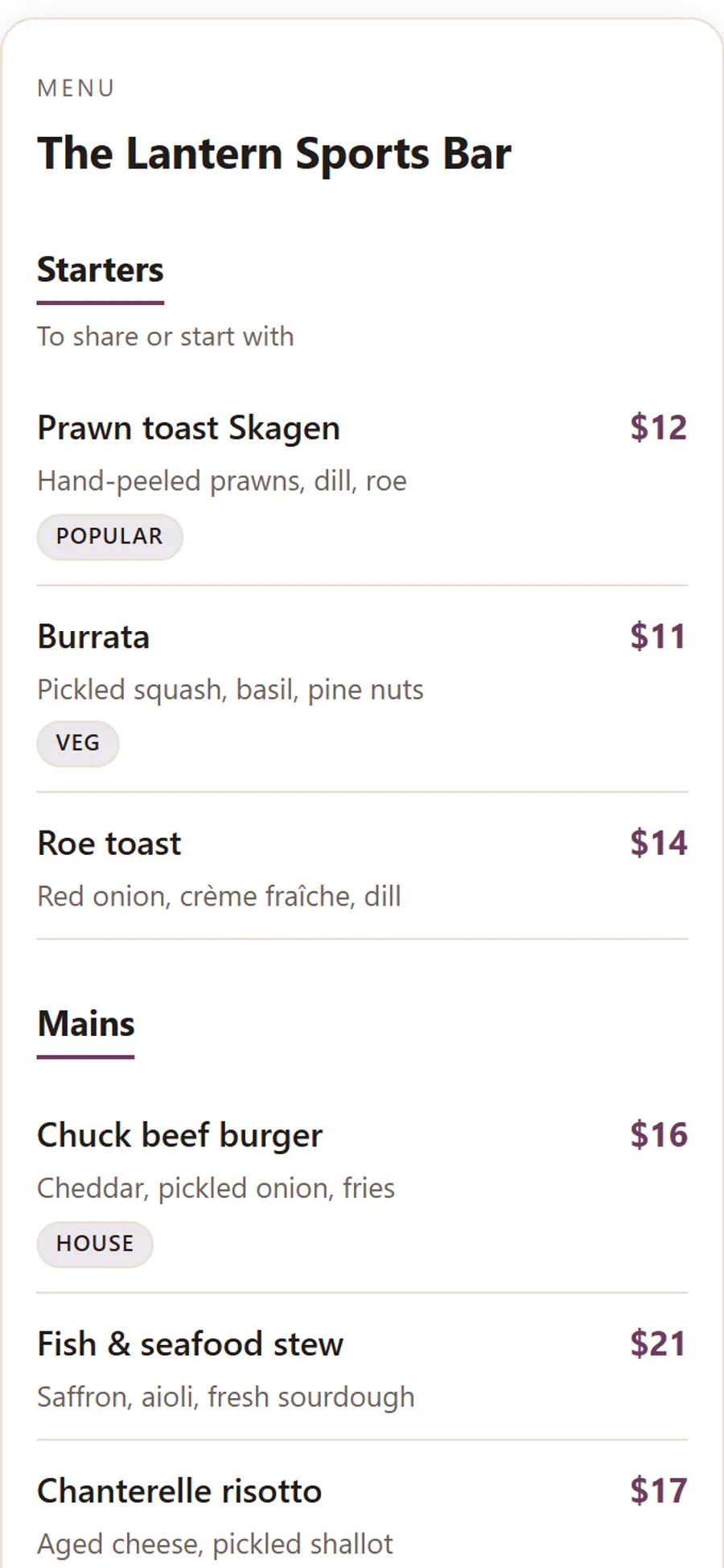 The QR menu on the guest's phone at The Lantern Sports Bar with categories, dishes, prices and allergen labels.