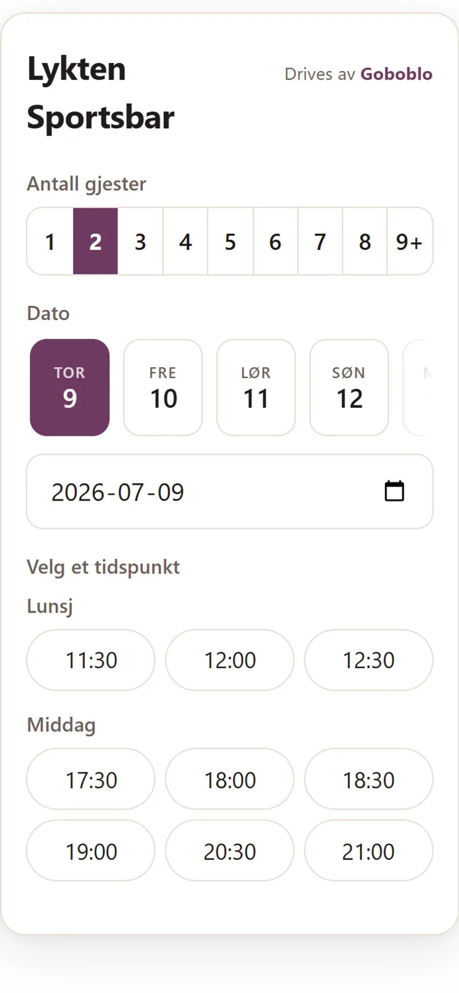 Gjestens bestilling på mobilen: velg antall gjester, dato og et ledig tidspunkt hos restauranten.