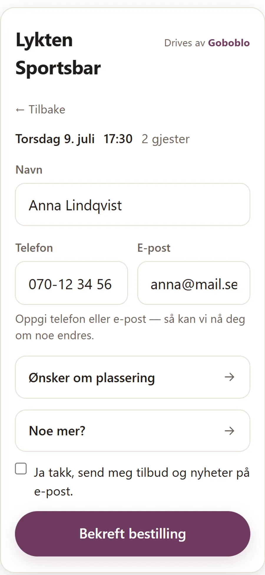 Gjesten fyller inn navn, telefon og ønsker og bekrefter bestillingen på mobilen.
