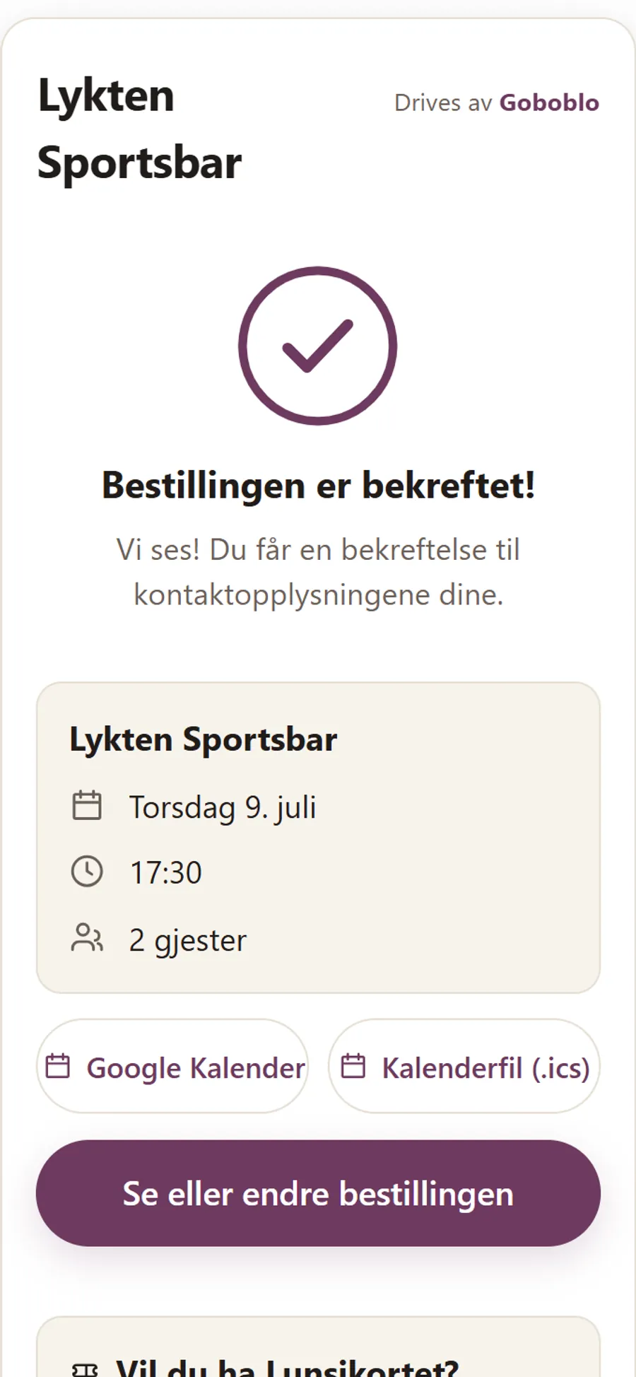 En bekreftet bestilling på gjestens mobil med kvittering, kalenderknapp og tilbud om å bli med i klubben.