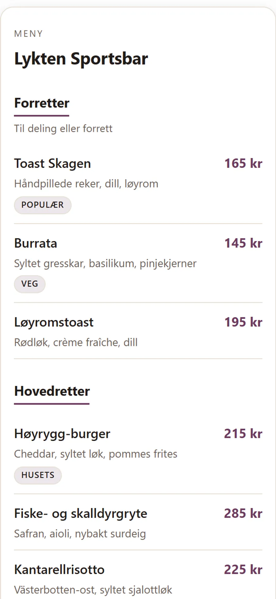 QR-menyen på gjestens mobil hos Lykten Sportsbar med kategorier, retter, priser og allergimerking.