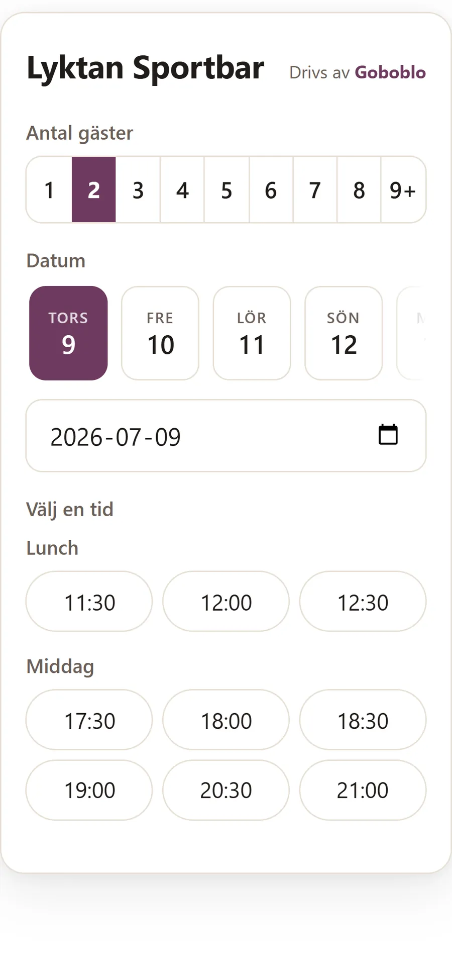 Gästens bokning i mobilen: välj antal gäster, datum och en ledig tid hos restaurangen.