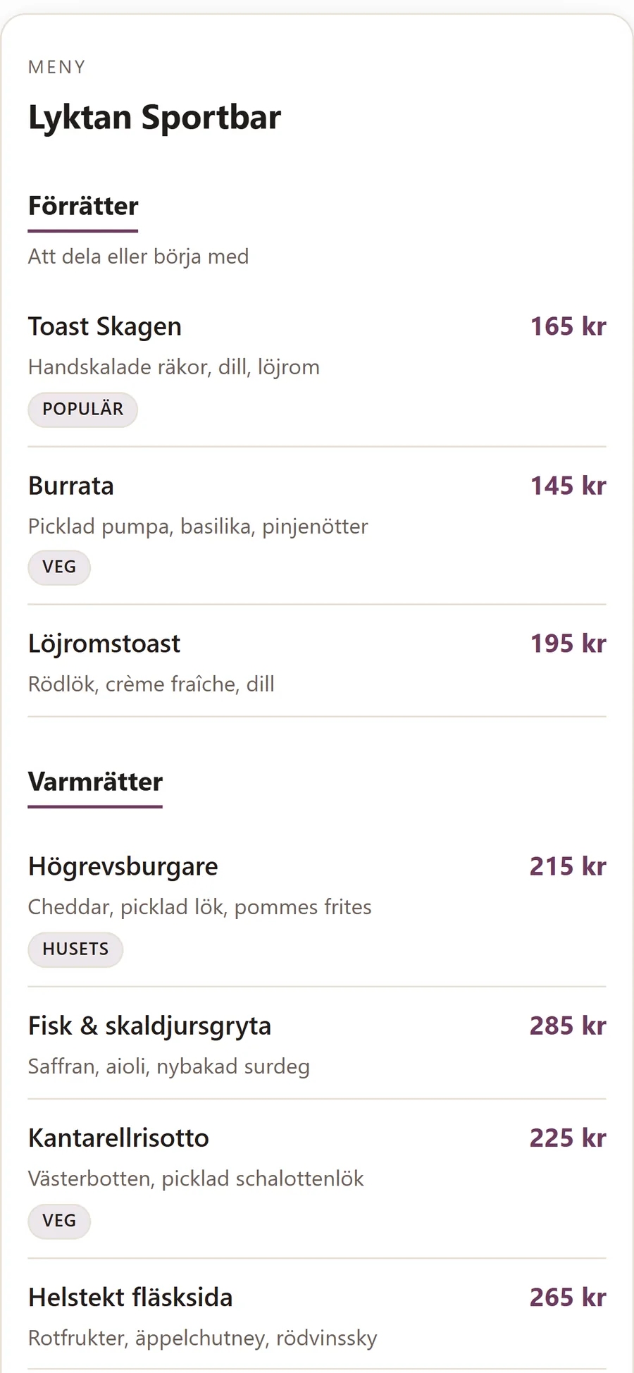 QR-menyn i gästens mobil hos Lyktan Sportbar med kategorier, rätter, priser och allergen-taggar.
