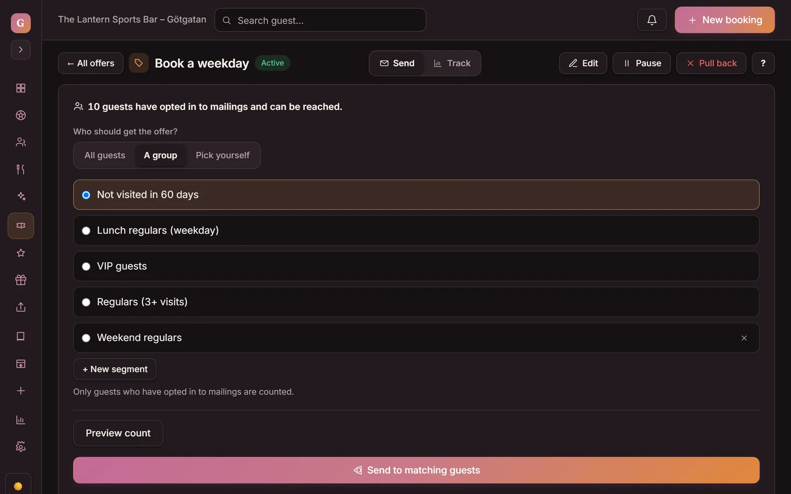 The audience picker in Goboblo's offer flow: choose All guests, A group or Pick yourself — the segment Not visited in 60 days is selected, with the Send offer button below