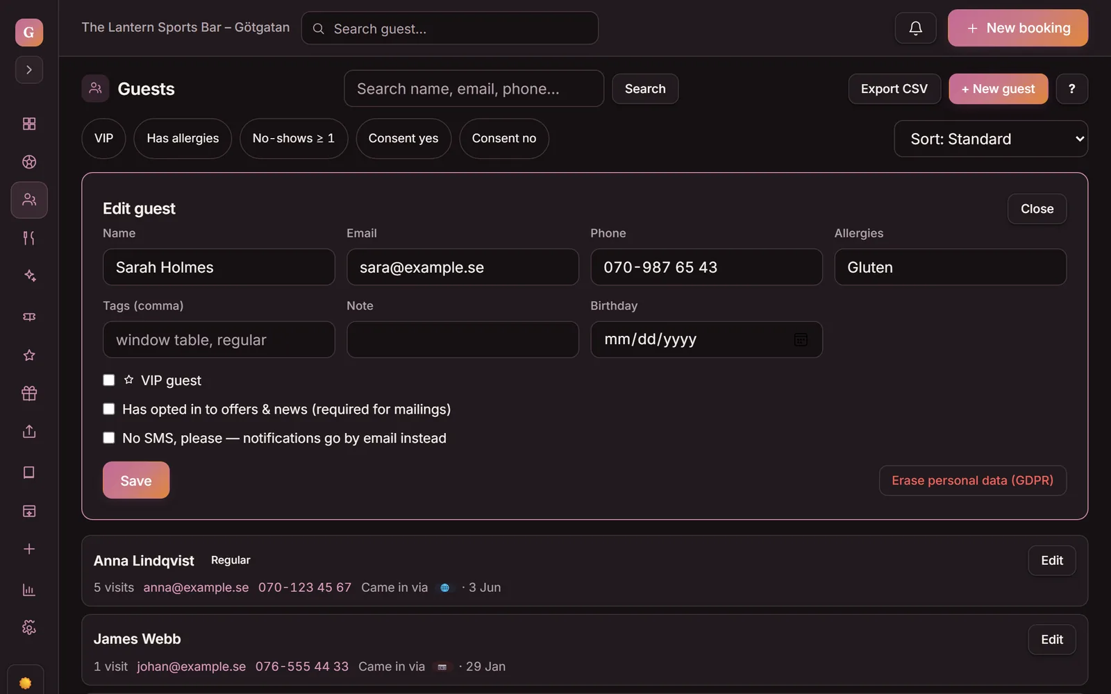 The guest profile in Goboblo: name, contact, an allergy like gluten, tags, marketing and text consents — and GDPR deletion of personal data