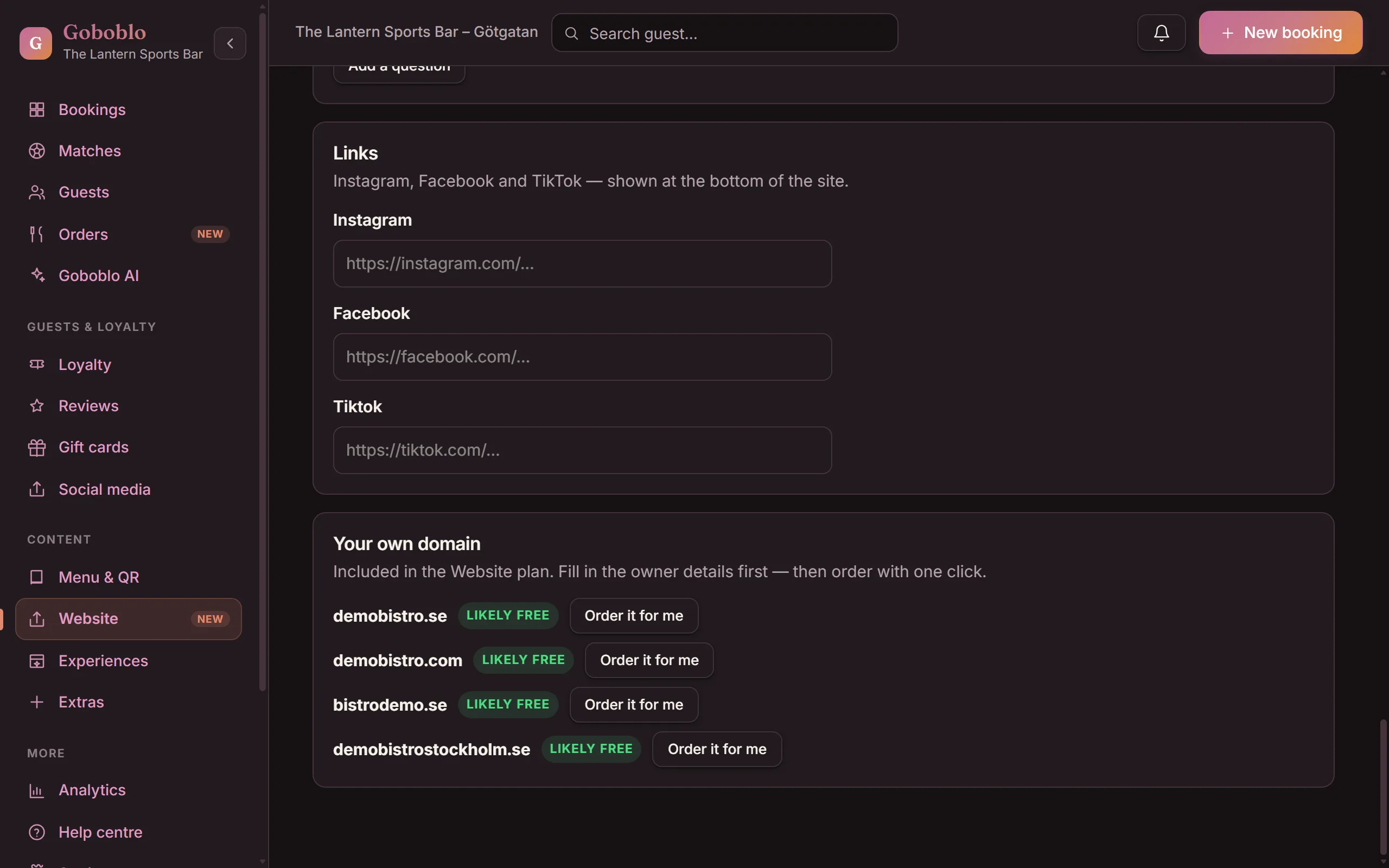 The domain card in the Goboblo app: free address suggestions with Order it for me buttons, and the note that the domain is included in the Website plan