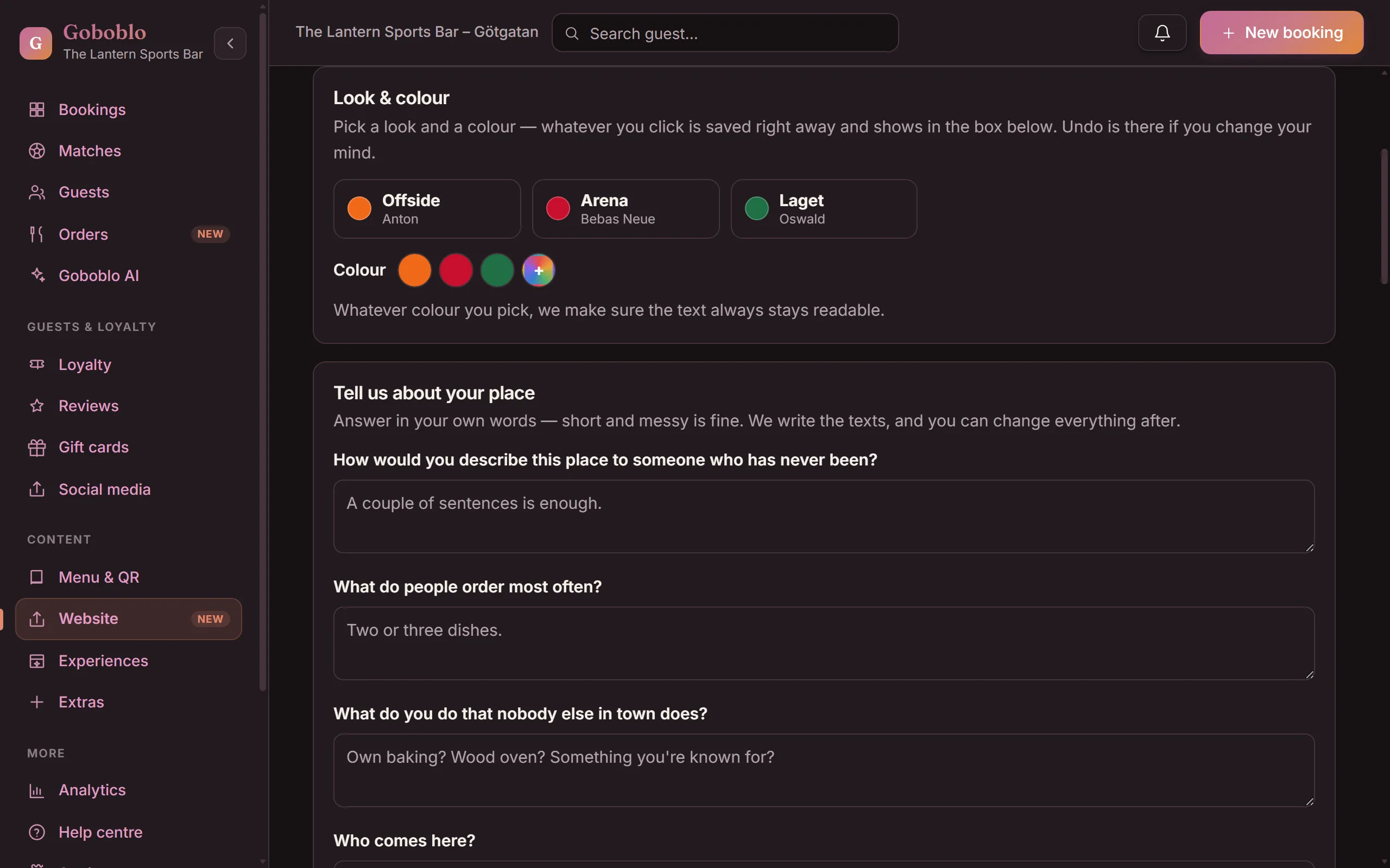 The Website page in the Goboblo app: the look picker with colour swatches, and the six questions the AI writes your texts from