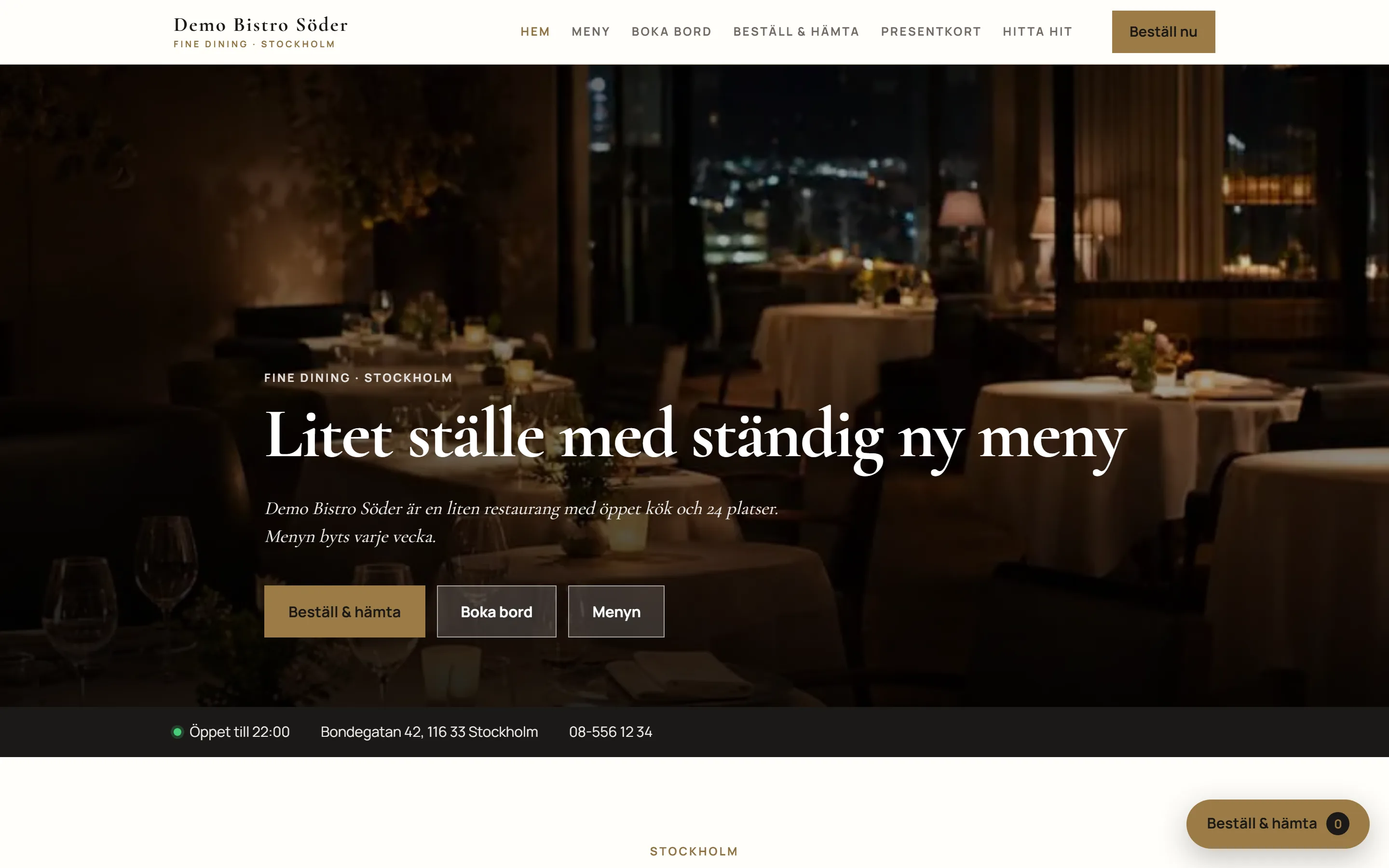 En färdig restaurangsajt byggd av Goboblo: kvällsbild över matsalen, knapparna Beställ & hämta, Boka bord och Menyn, samt raden Öppet till 22:00 med adress och telefon