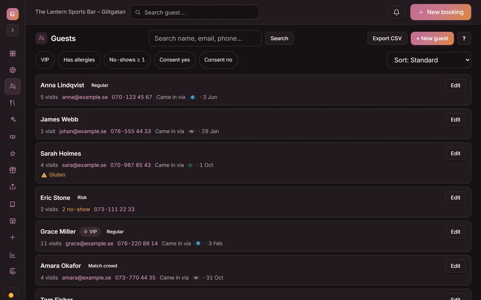 The guest list in Goboblo: contact details, allergies, tags like Regular and VIP, visit count and no-shows — on the same guest profile as the booking.
