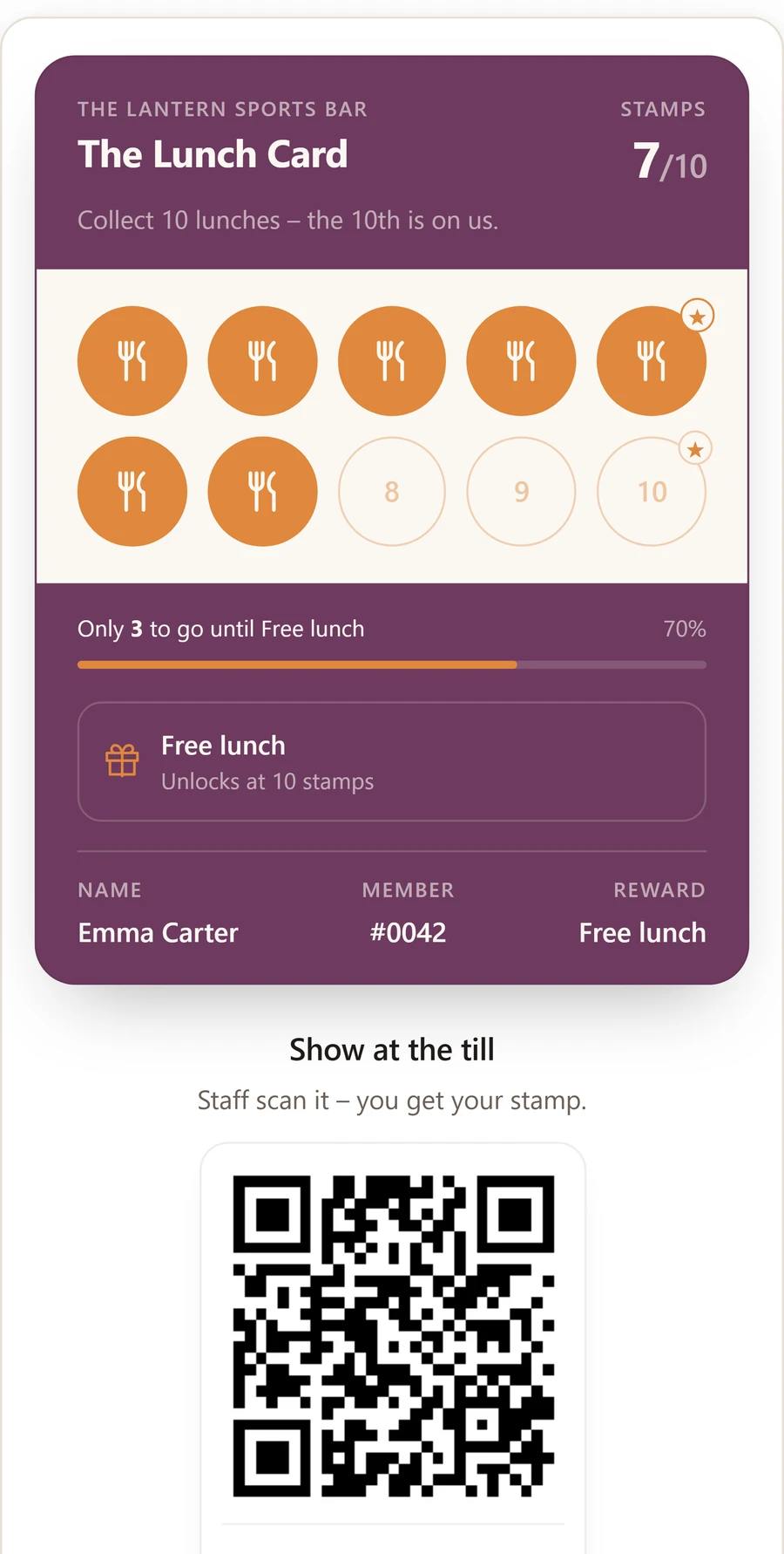 Digital stamp card on the guest's phone at The Lantern Sports Bar: seven of ten stamps on the lunch card, three to go until a free lunch, and a QR code to show at the till.