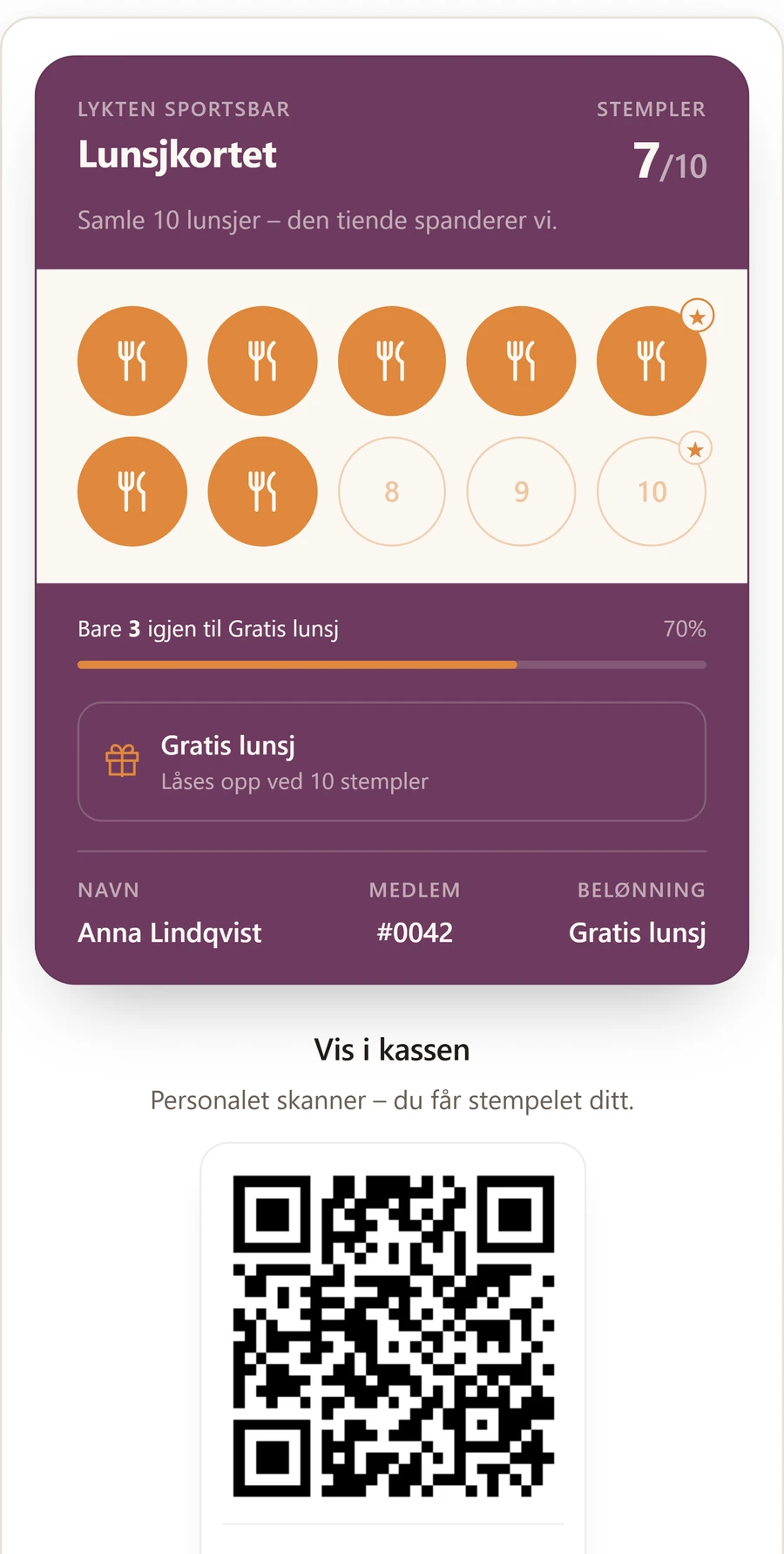 Digitalt stempelkort i gjestens mobil hos Lykten Sportsbar: sju av ti stempler på lunsjkortet, tre igjen til en gratis lunsj og QR-kode å vise i kassen.