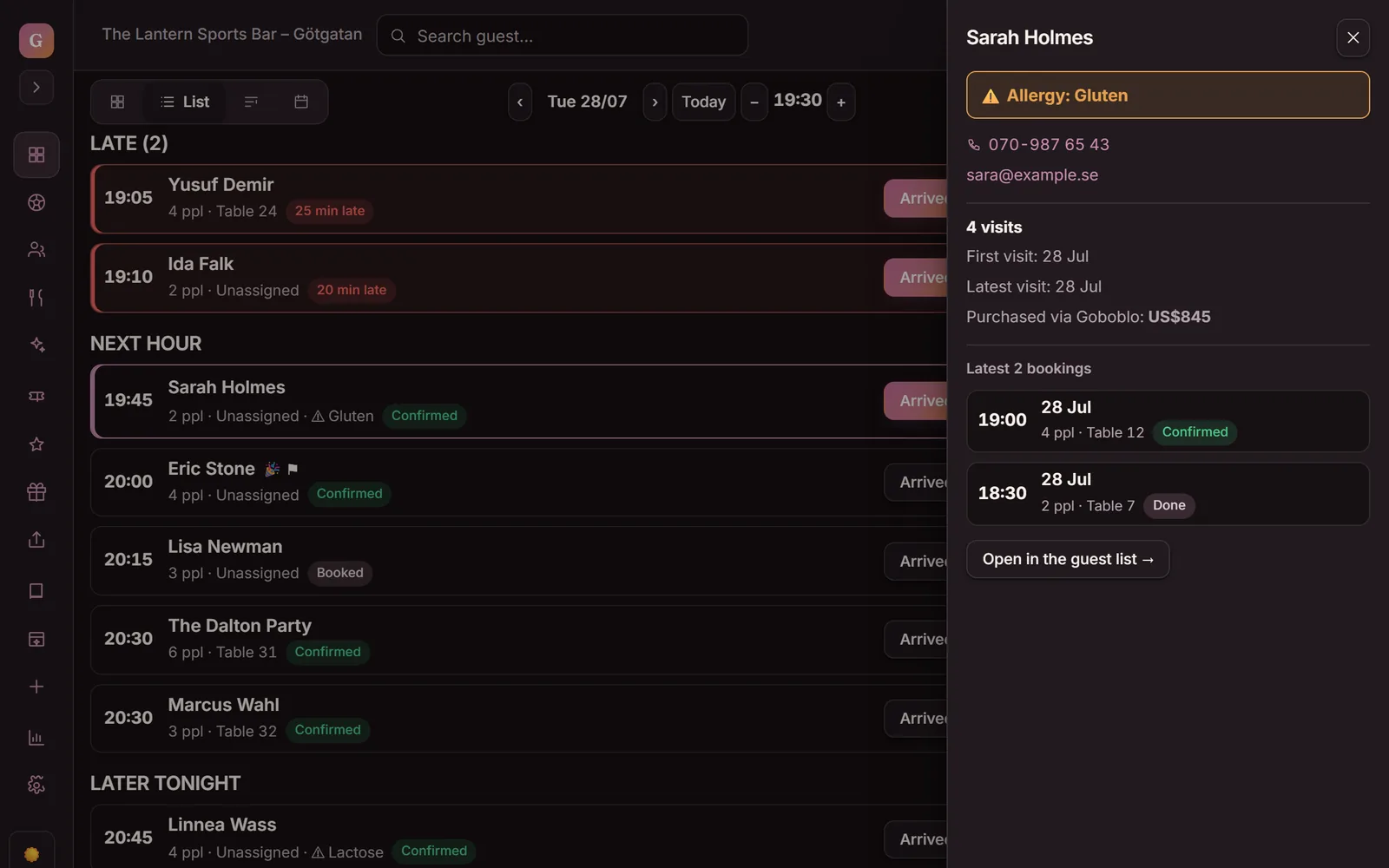 The List view under Bookings in Goboblo with the guest profile open next to tonight's bookings: the guest's visits, spend via Goboblo and latest bookings — all on one profile