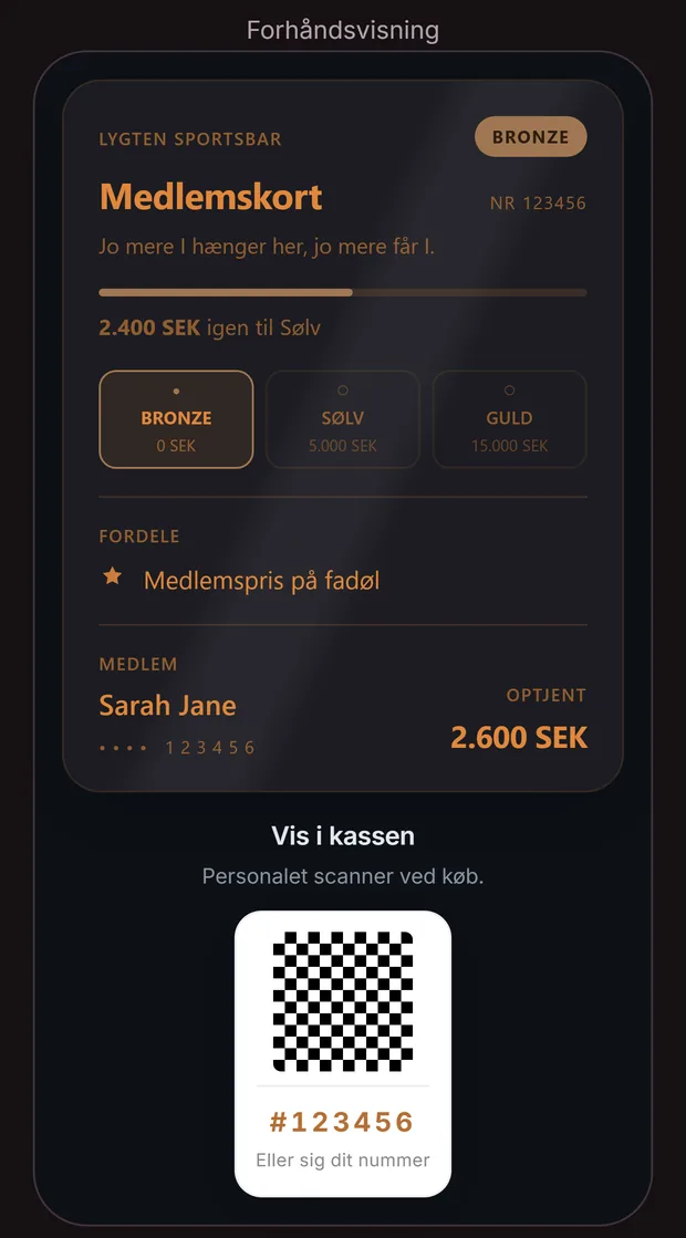 Forhåndsvisningen i Goboblos medlemskort-designer: niveauer med brugsgrænser, medlemmets optjente beløb og QR-koden, der vises ved kassen