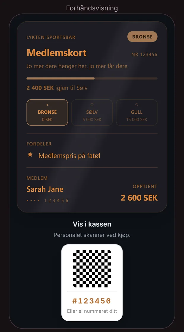 Forhåndsvisningen i Goboblos medlemskort-designer: nivåene med bruksgrenser, medlemmets opptjente beløp og QR-koden som vises ved kassen