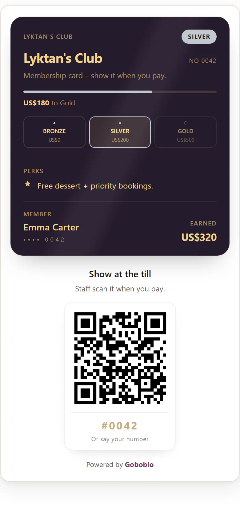 A real membership card on the guest's phone — Lyktan's Club on Silver tier with dollar spend thresholds, perks and a scannable QR code staff scan at the till
