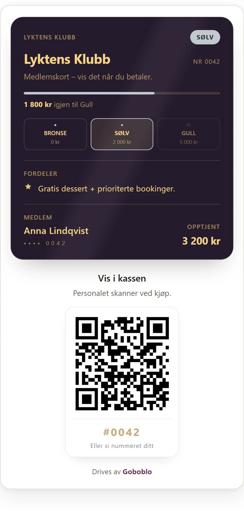 Et ekte medlemskort i gjestens mobil — Lyktens Klubb på nivå Sølv med bruksgrenser i kroner, fordeler og en skannbar QR-kode personalet leser ved kassen