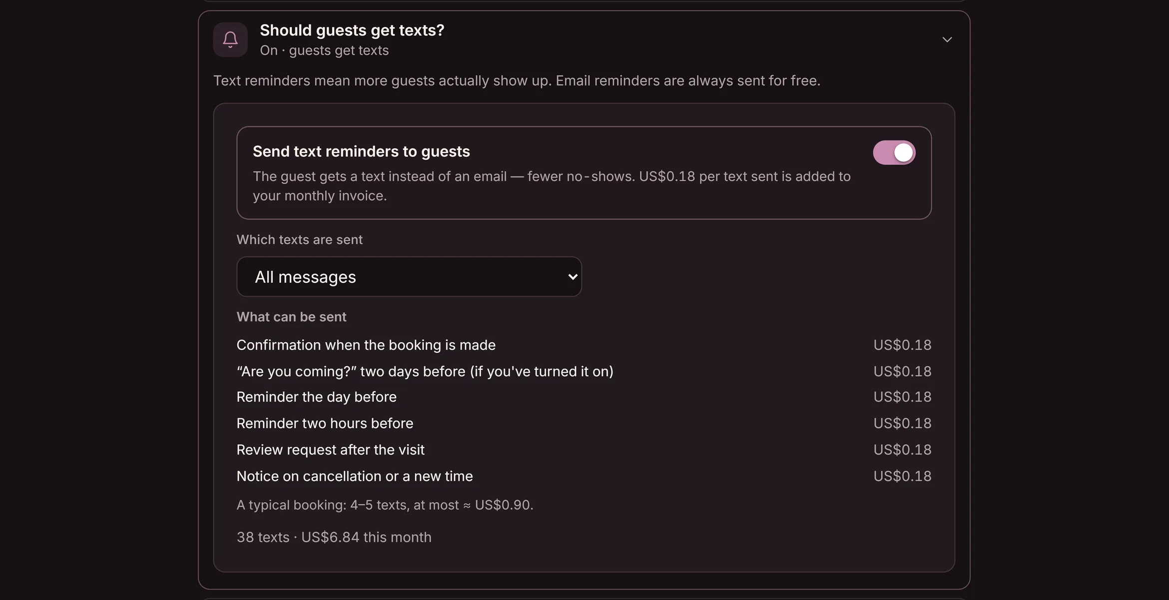 The question “Should guests get texts?” in Goboblo's settings: send text reminders to guests — the guest gets a text instead of an email, fewer no-shows — the demo venue's real view in dark mode