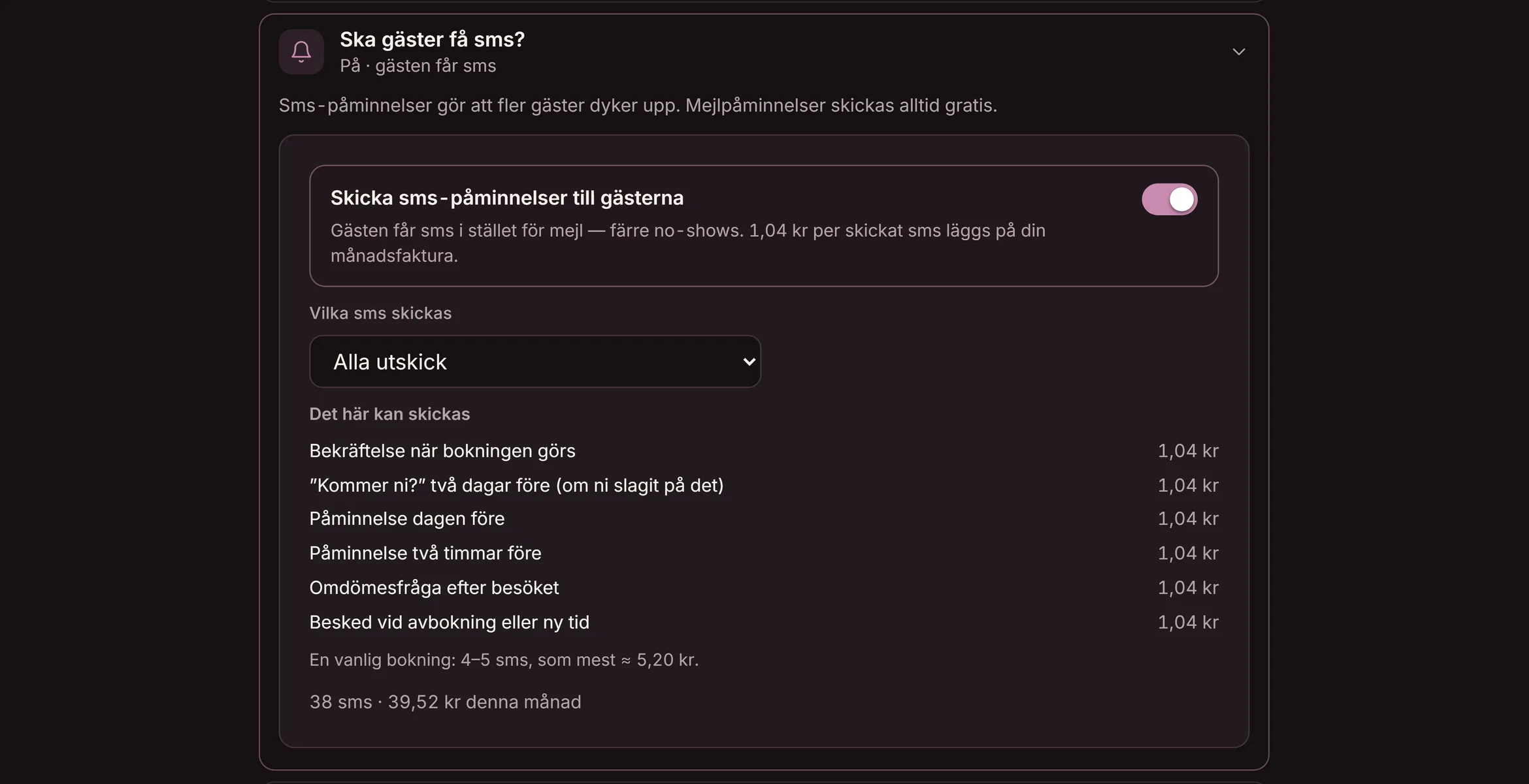 Frågan ”Ska gäster få sms?” i Goboblos inställningar: Skicka sms-påminnelser till gästerna — gästen får sms i stället för mejl, färre no-shows — demo-lokalens riktiga vy i mörkt läge
