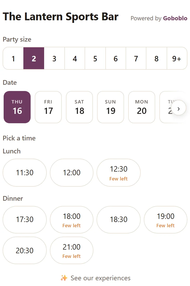 The guest's booking on their phone at The Lantern Sports Bar: pick a party size, a date and an open time — the demo venue's real widget